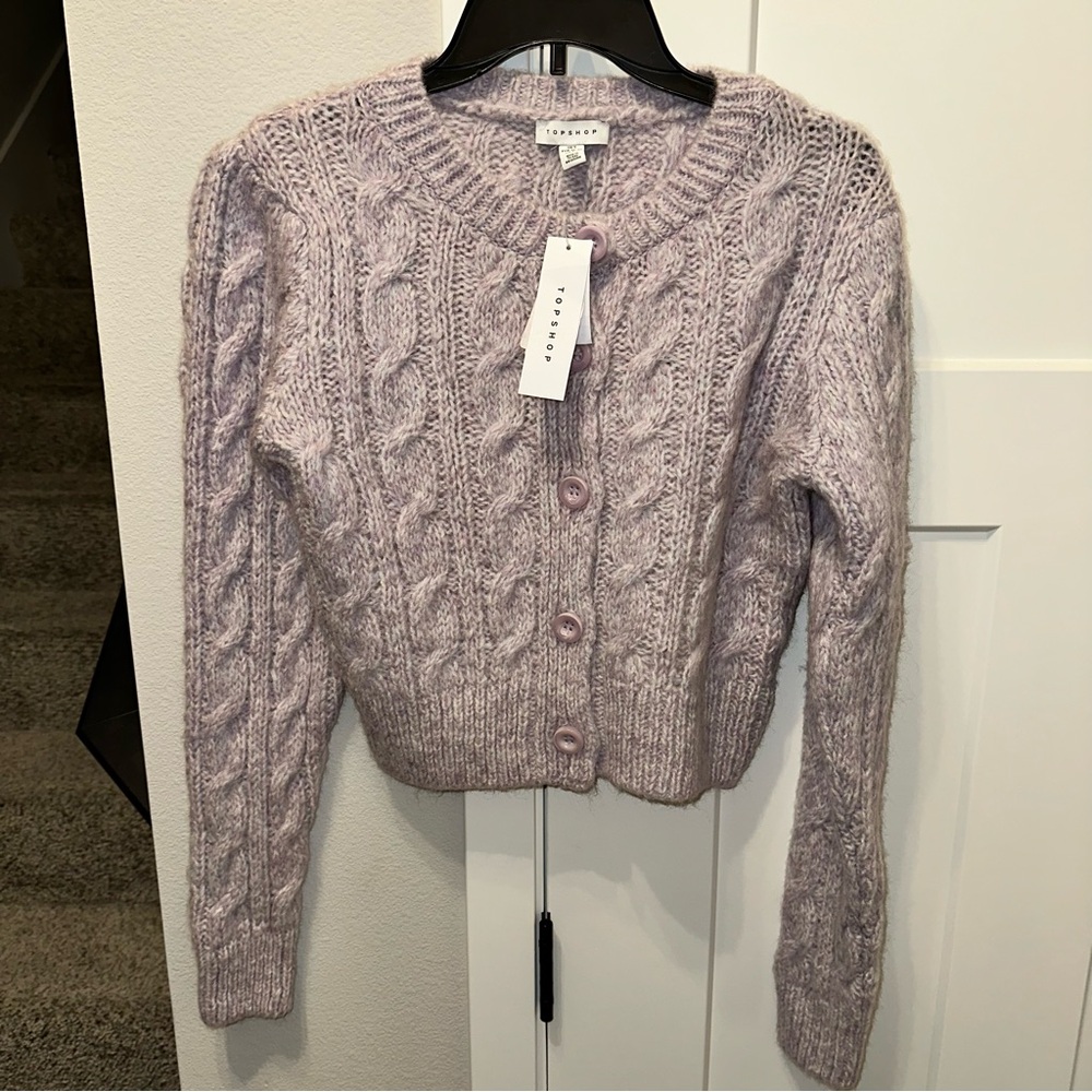 NWT Topshop Lilac Cable-Knit Button Cardigan Sweater cropped US size 4-6 - Picture 5 of 7